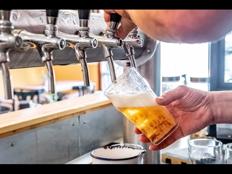 Cerveza artesanal fresca de grifo en el taproom de FORASTERA en Alaró, Mallorca